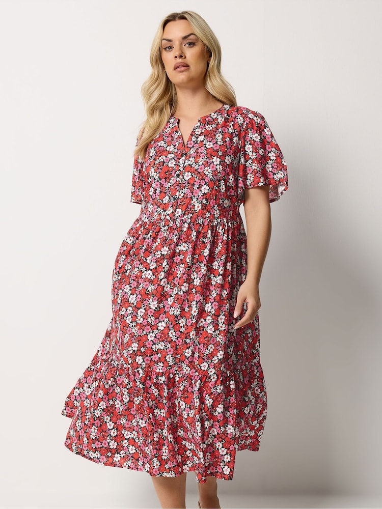 Yours Curve Red Placket Tiered Dress - Image 1 of 5