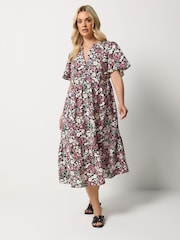 Yours Curve Black Ground Placket Tiered Dress - Image 1 of 5