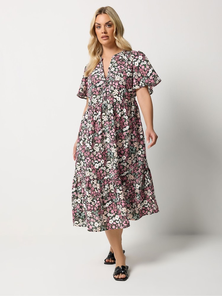 Yours Curve Black Ground Placket Tiered Dress - Image 1 of 5