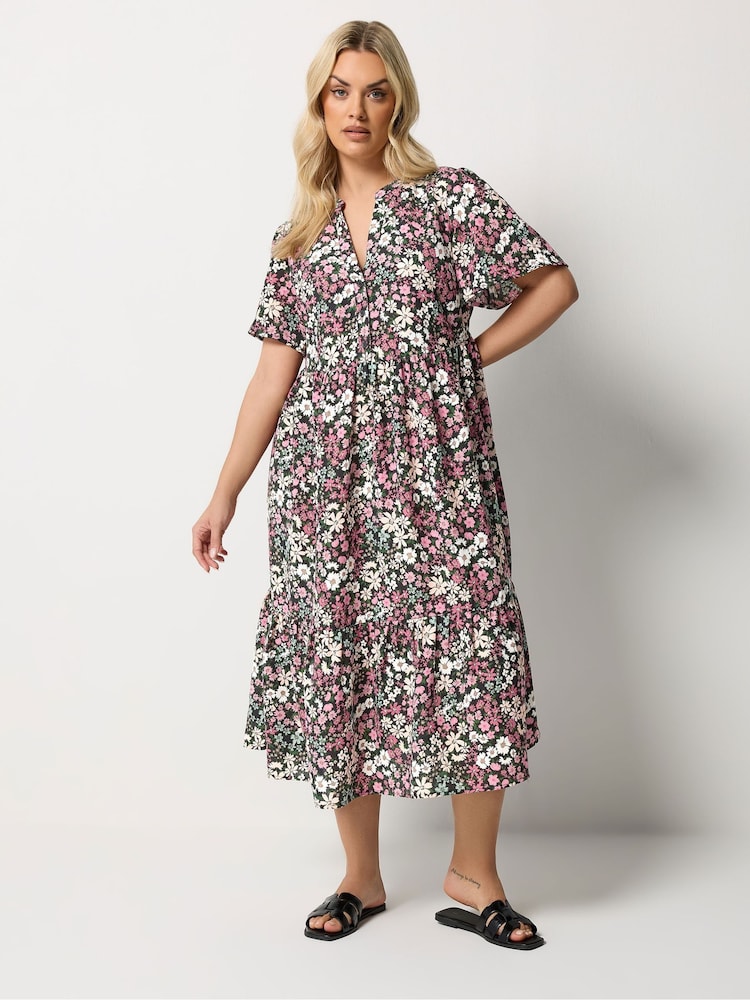 Yours Curve Black Ground Placket Tiered Dress - Image 2 of 5