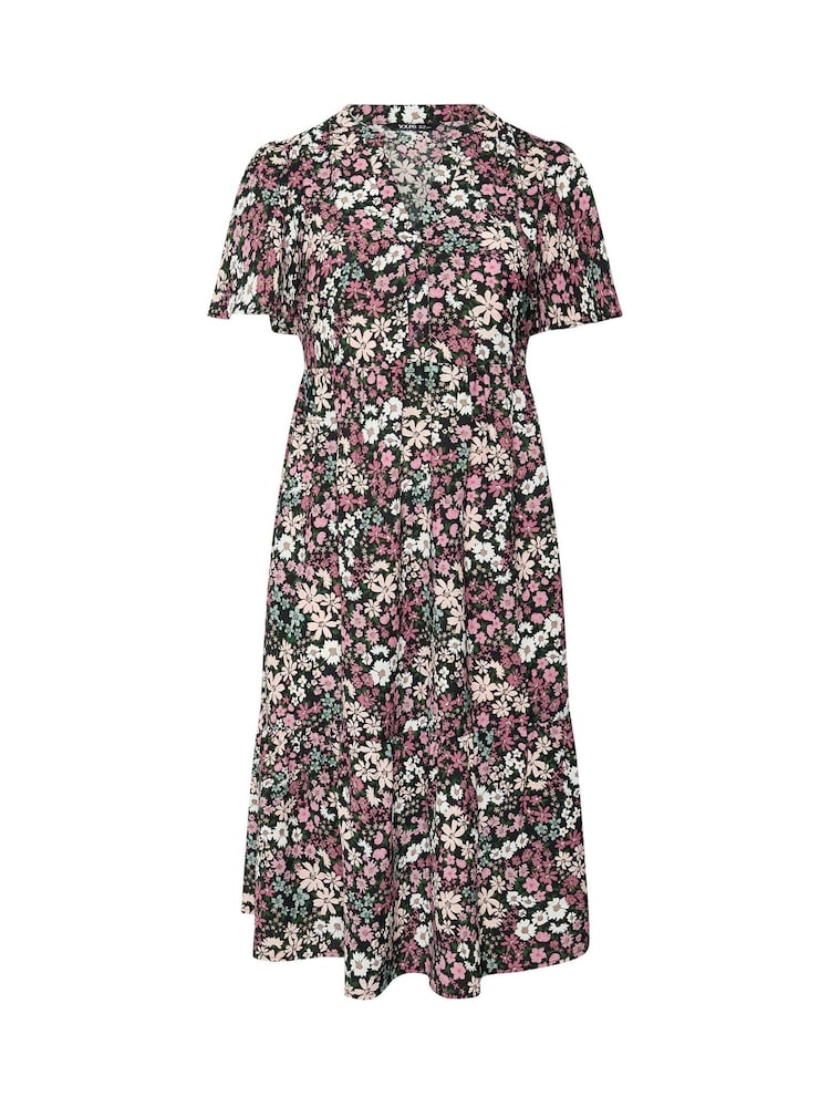 Yours Curve Black Ground Placket Tiered Dress - Image 5 of 5