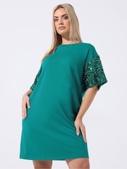 Yours Curve Green Limited Sequin Sleeve Mini Dress - Image 1 of 5