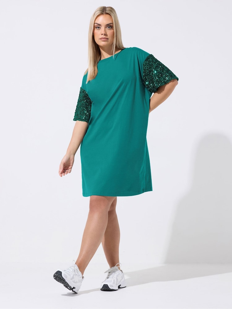 Yours Curve Green Limited Sequin Sleeve Mini Dress - Image 2 of 5 Yours Curve Green Limited Sequin Sleeve Mini Dress - Image 2 of 5