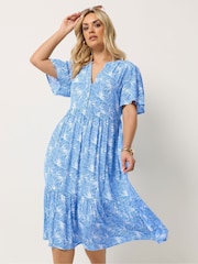 Yours Curve Blue Placket Tiered Dress - Image 1 of 5