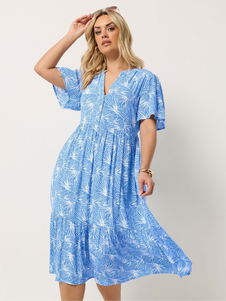 Yours Curve Blue Placket Tiered Dress - Image 1 of 5
