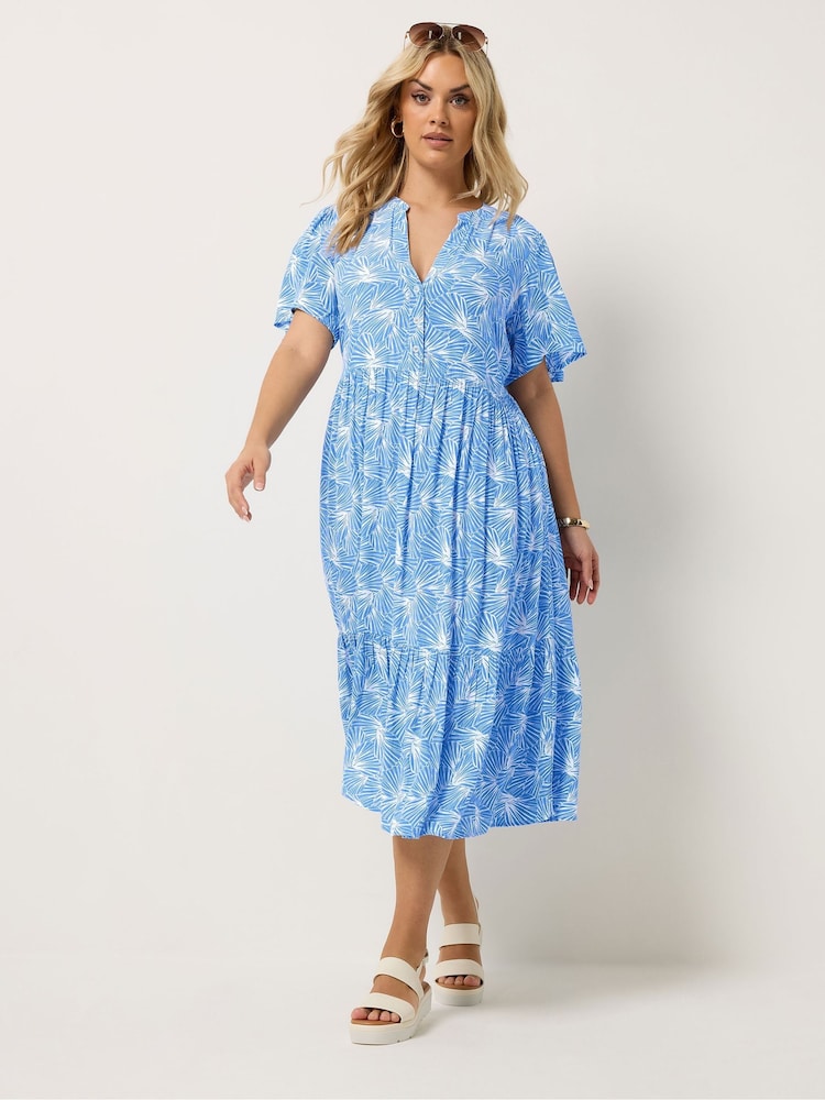 Yours Curve Blue Placket Tiered Dress - Image 2 of 5