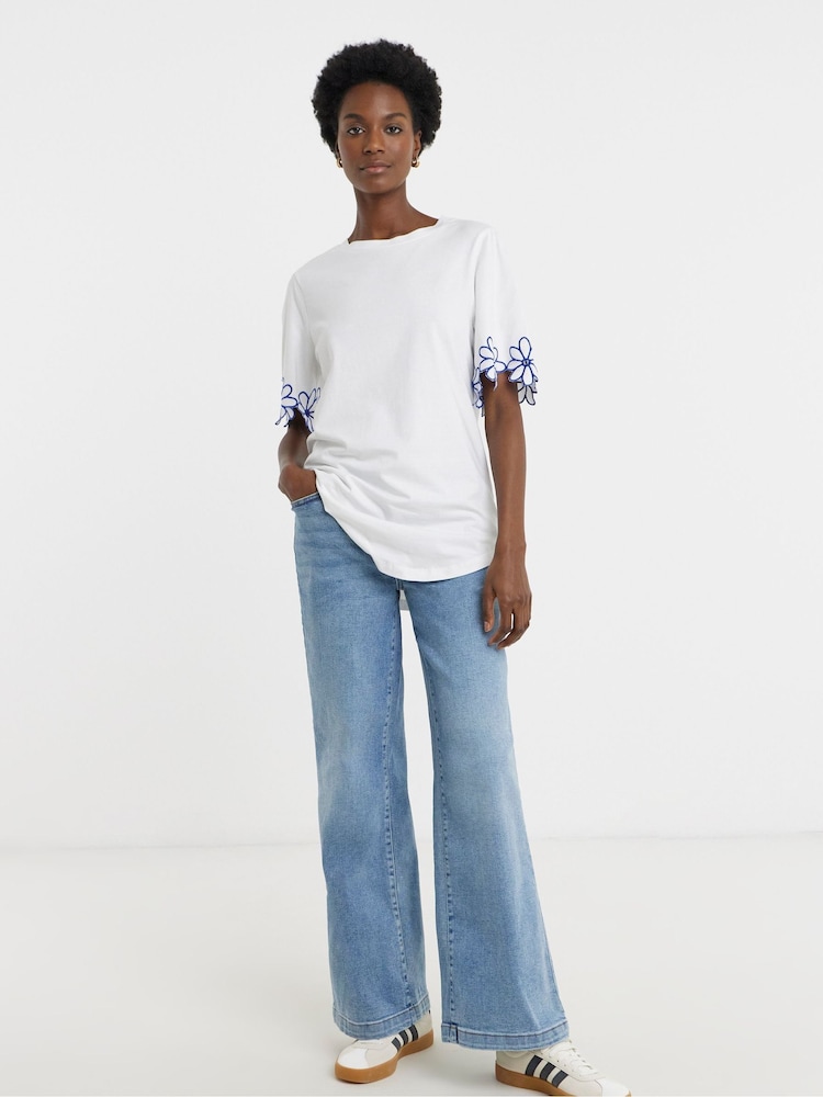 JD Williams Contrast Flower Embroidered Sleeve Longline T-Shirt - Image 1 of 4