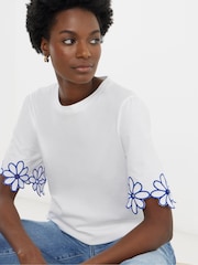 JD Williams Contrast Flower Embroidered Sleeve Longline T-Shirt - Image 3 of 4