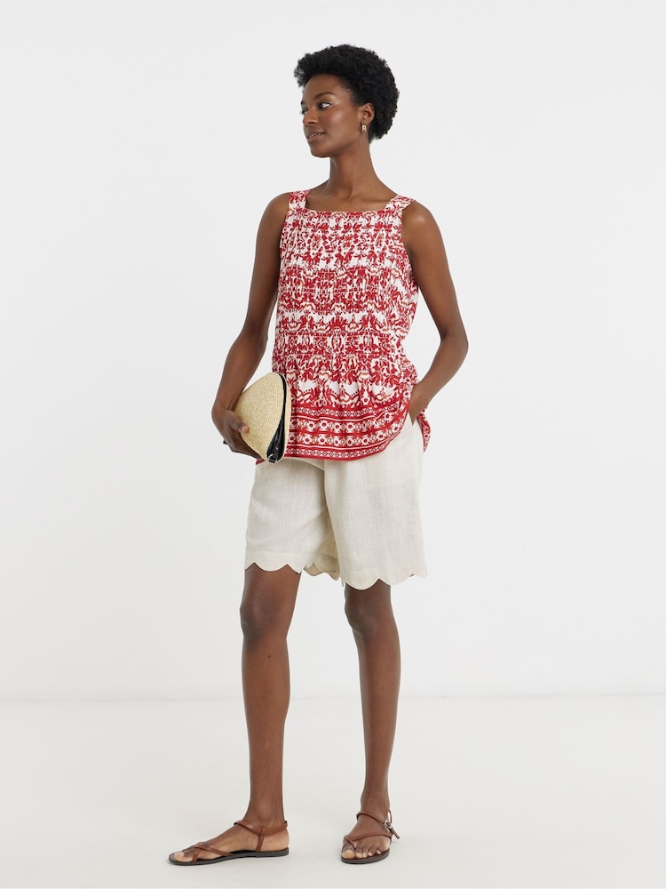 JD Williams Red Border Print Square Neck Shirred Cami - Image 1 of 3 JD Williams Red Border Print Square Neck Shirred Cami - Image 1 of 3
