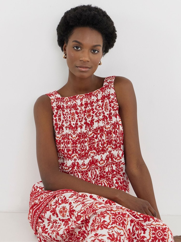 JD Williams Red Border Print Square Neck Shirred Cami - Image 2 of 3 JD Williams Red Border Print Square Neck Shirred Cami - Image 2 of 3
