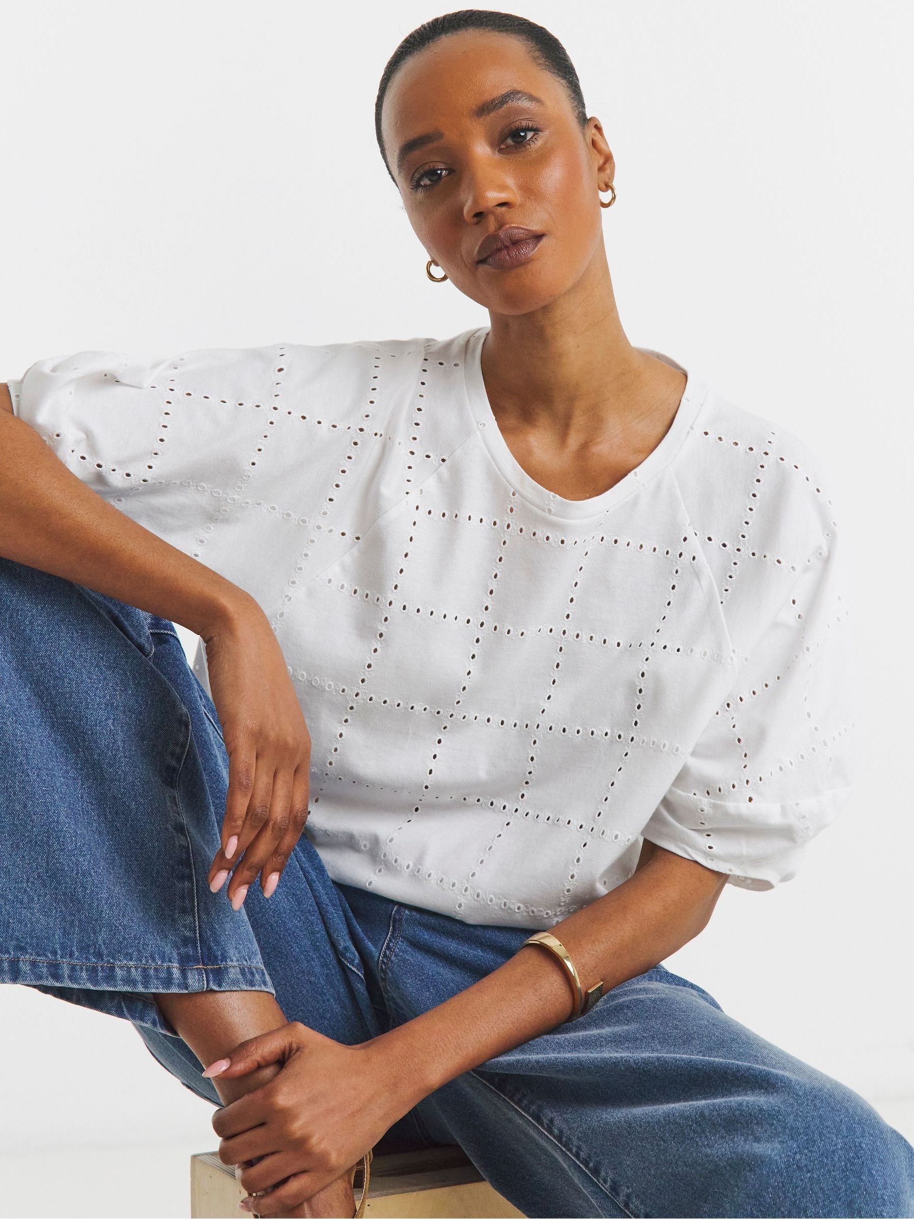 Buy JD Williams White Broderie Crew Neck Lantern Sleeve Top from