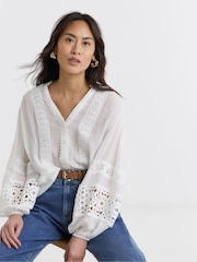 JD Williams White Lace Trim Button Through Prairie Blouse - Image 3 of 4