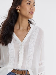 JD Williams White Lace Trim Button Through Prairie Blouse - Image 4 of 4
