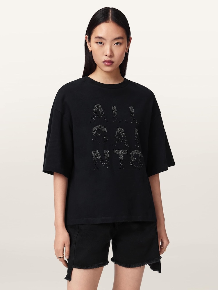 AllSaints Black Stacks Amelie T-Shirt - Image 1 of 6