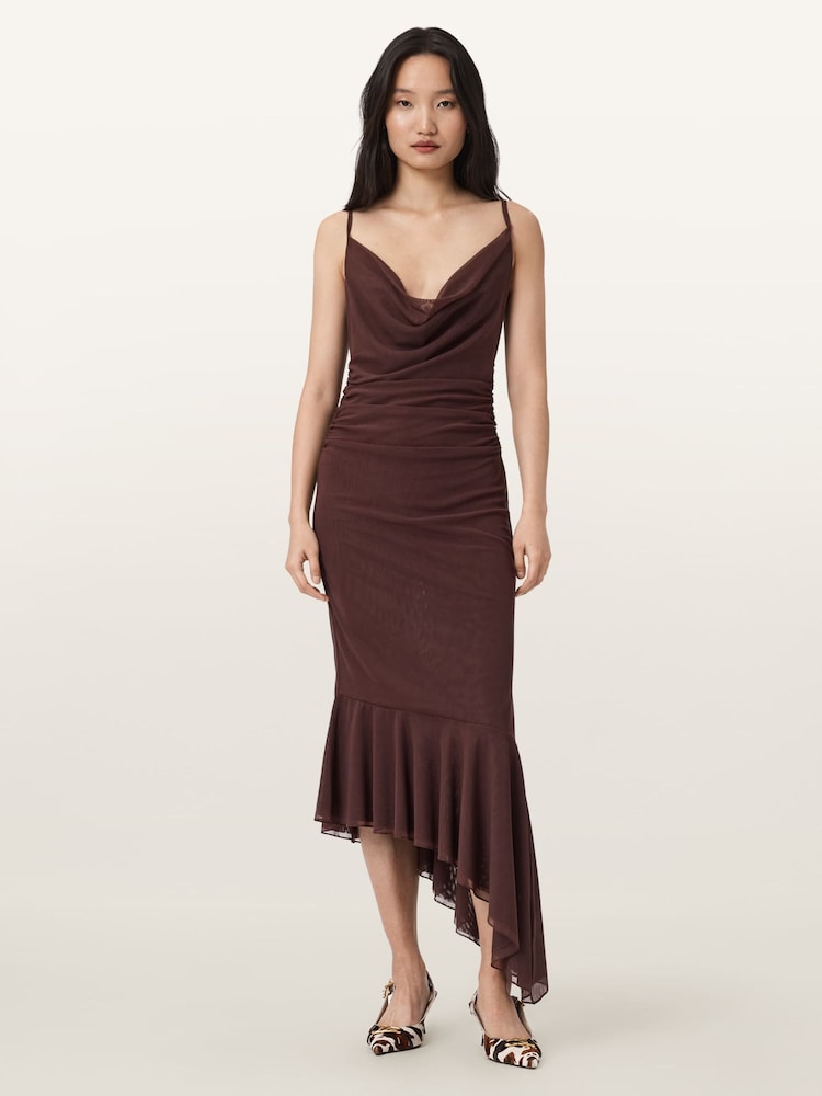 AllSaints Brown Bea Mesh Maxi Dress - Image 1 of 5