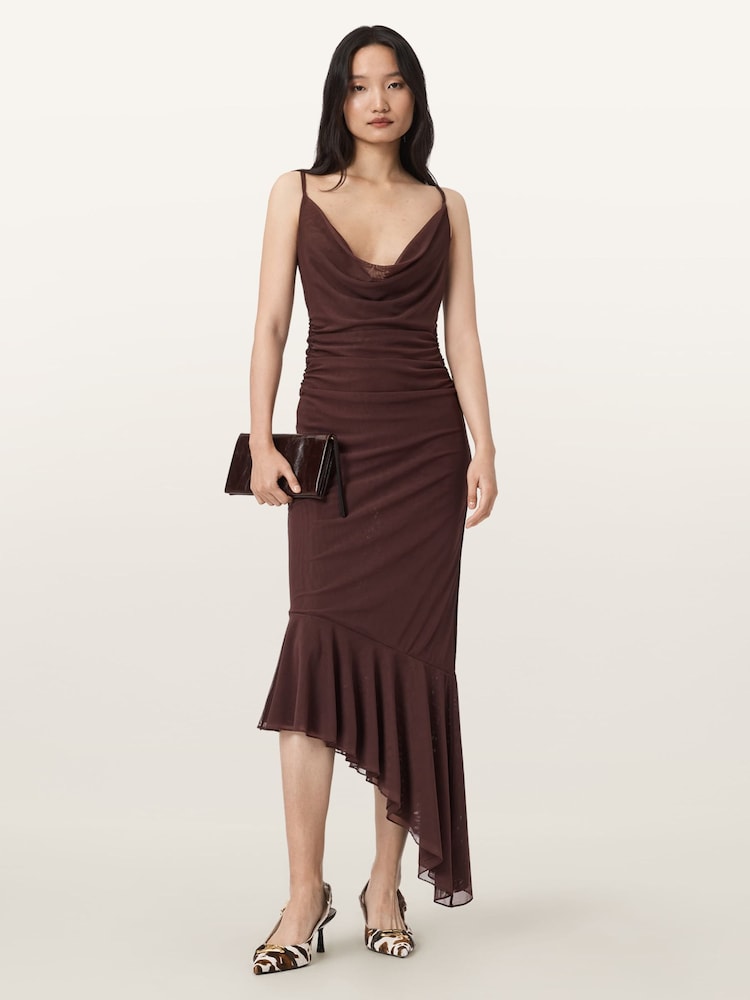 AllSaints Brown Bea Mesh Maxi Dress - Image 2 of 5