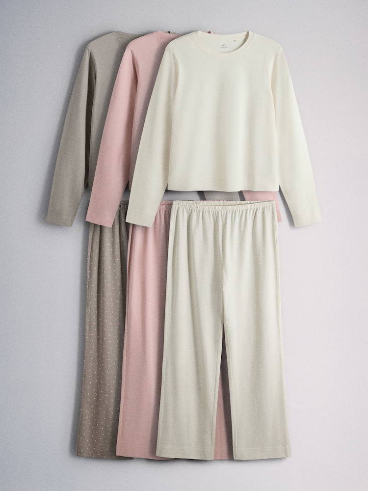 The Set 3 Pack Long Sleeve Cotton Pyjamas Pink/Taupe Stripe/Cream - Image 1 of 9 The Set 3 Pack Long Sleeve Cotton Pyjamas Pink/Taupe Stripe/Cream - Image 1 of 9
