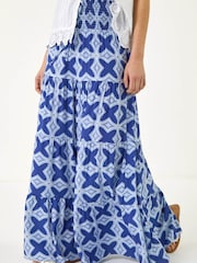 Roman Blue Tile Print Shirred Maxi Skirt - Image 1 of 5