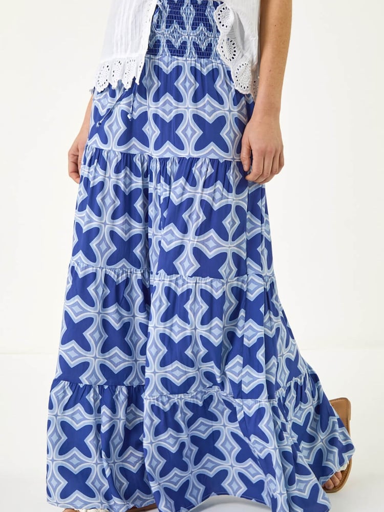 Roman Blue Tile Print Shirred Maxi Skirt - Image 1 of 5