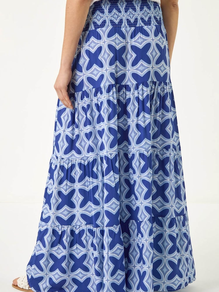 Roman Blue Tile Print Shirred Maxi Skirt - Image 2 of 5