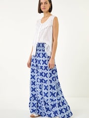 Roman Blue Tile Print Shirred Maxi Skirt - Image 3 of 5