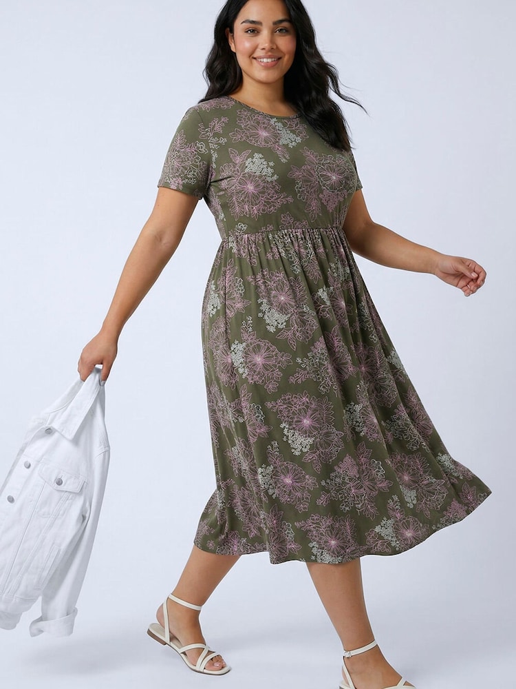 Roman Green Curve Floral Gathered Pocket Midi Dress - Image 1 of 5