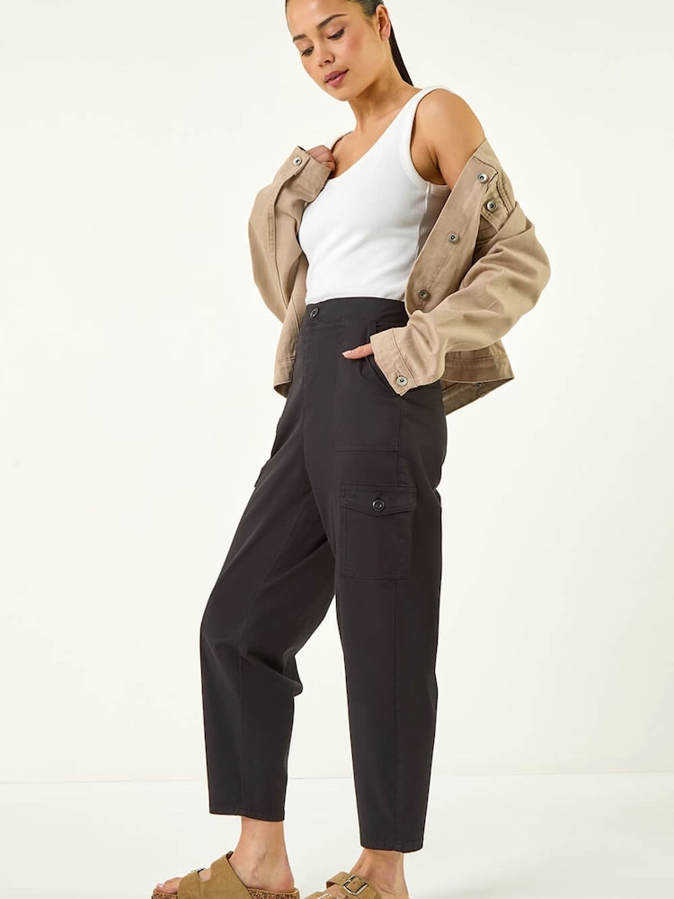 Roman Black Petite Cotton Cargo Stretch Trousers - Image 1 of 5