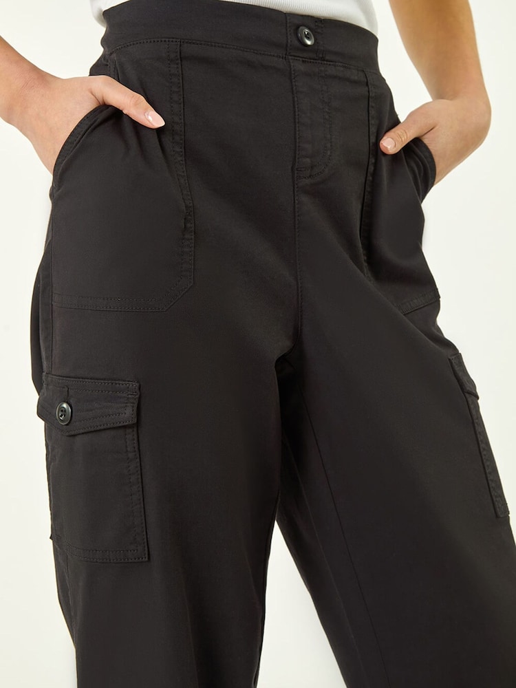 Roman Black Petite Cotton Cargo Stretch Trousers - Image 5 of 5
