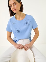 Roman Blue Embellished Flower Cotton T-Shirt - Image 1 of 5