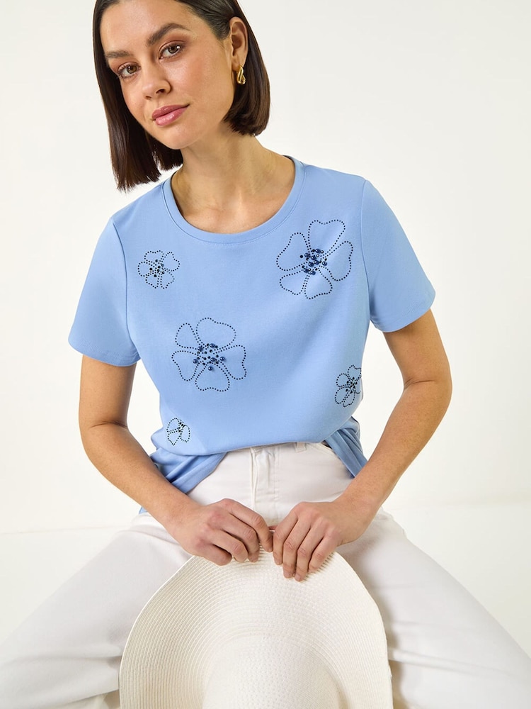Roman Blue Embellished Flower Cotton T-Shirt - Image 1 of 5