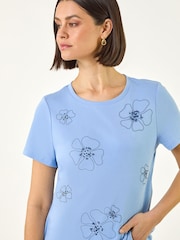 Roman Blue Embellished Flower Cotton T-Shirt - Image 4 of 5