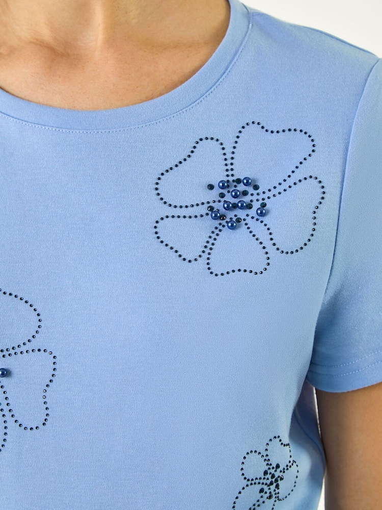 Roman Blue Embellished Flower Cotton T-Shirt - Image 5 of 5