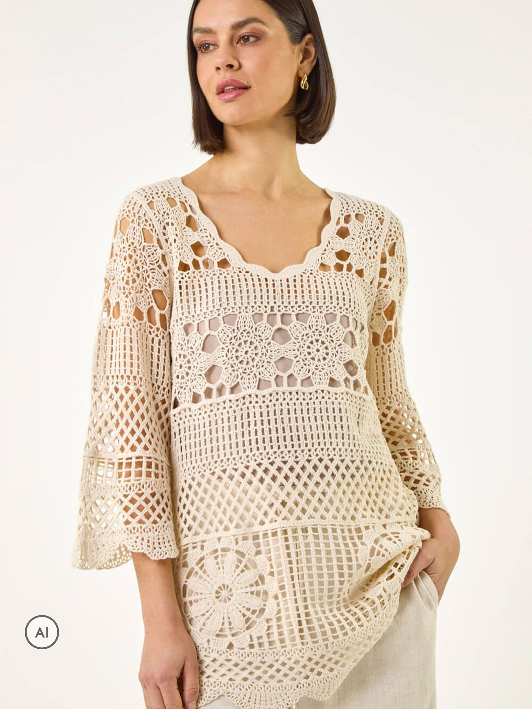 Buy Roman Natural Floral Crochet Tunic Top from Next USA