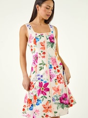 Roman Pink Petite Floral Drop Waist Midi Dress - Image 2 of 5