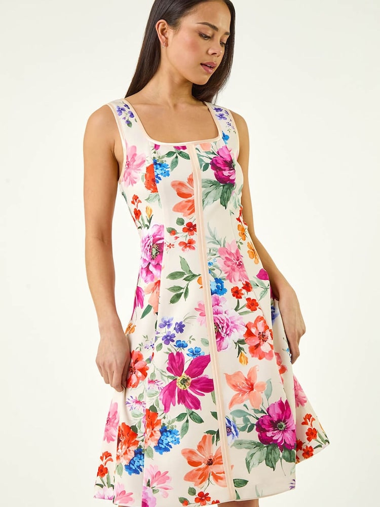 Roman Pink Petite Floral Drop Waist Midi Dress - Image 2 of 5