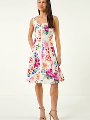 Roman Pink Petite Floral Drop Waist Midi Dress - Image 4 of 5