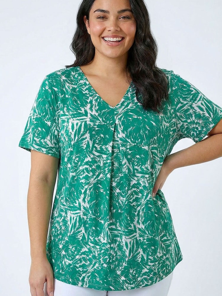 Roman Green Curve Abstract Print V-Neck Top - Image 1 of 5