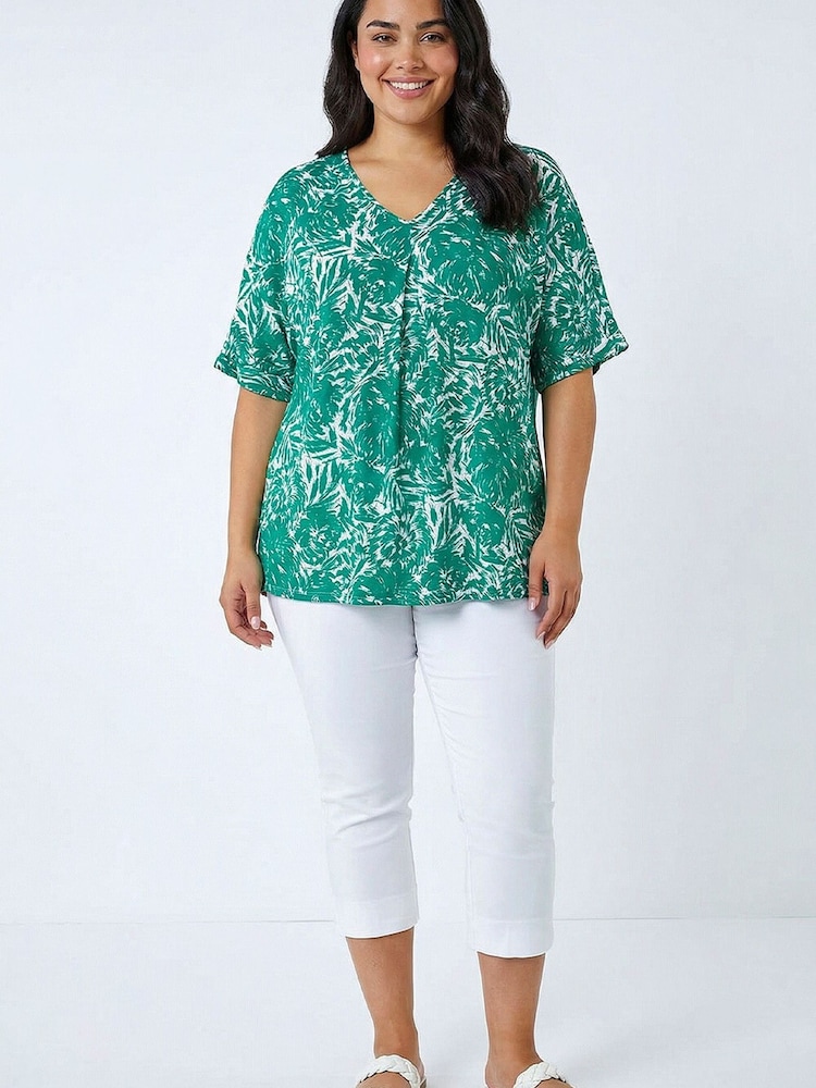 Roman Green Curve Abstract Print V-Neck Top - Image 2 of 5