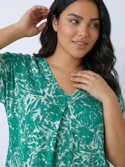 Roman Green Curve Abstract Print V-Neck Top - Image 4 of 5