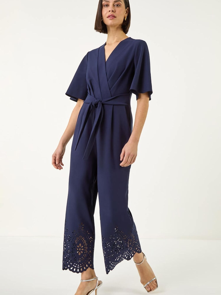 Roman Blue Laser Cut Hem Wrap Front Jumpsuit - Image 1 of 5