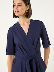 Roman Blue Laser Cut Hem Wrap Front Jumpsuit - Image 4 of 5