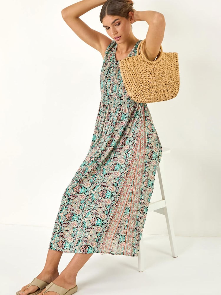 Roman Red Paisely Shirred Midi Dress - Image 1 of 5