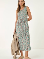 Roman Red Paisely Shirred Midi Dress - Image 2 of 5