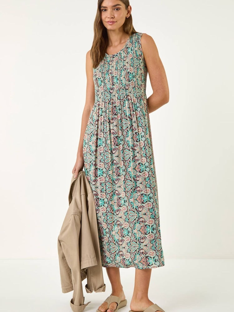 Roman Red Paisely Shirred Midi Dress - Image 2 of 5