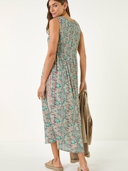 Roman Red Paisely Shirred Midi Dress - Image 3 of 5