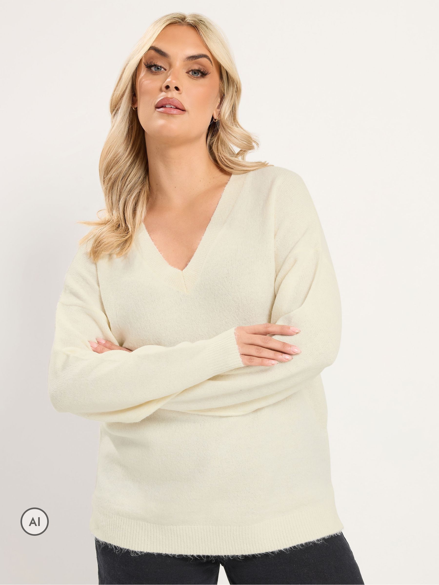 Yours Curve Women's Cream V-Neck Soft Touch Jumper