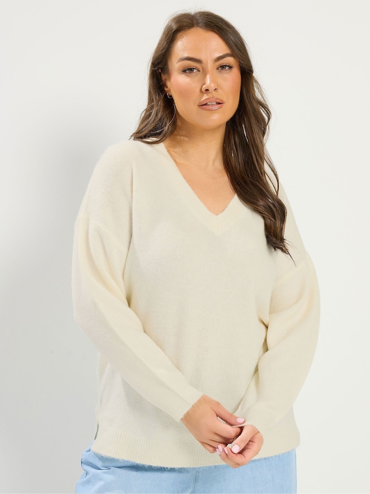 Yours Curve Cream V-Neck Soft Touch Jumper - Image 1 of 6 Yours Curve Cream V-Neck Soft Touch Jumper - Image 1 of 6