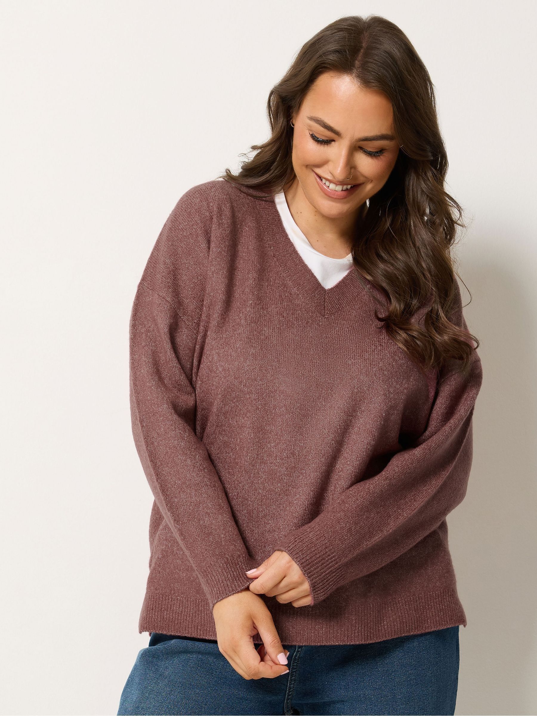 Yours Curve Women's Clay Pink V-Neck Soft Touch Jumper