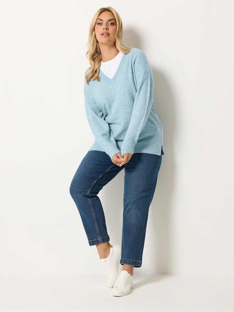Yours Curve Blue V-Neck Soft Touch Jumper - Image 2 of 5 Yours Curve Blue V-Neck Soft Touch Jumper - Image 2 of 5