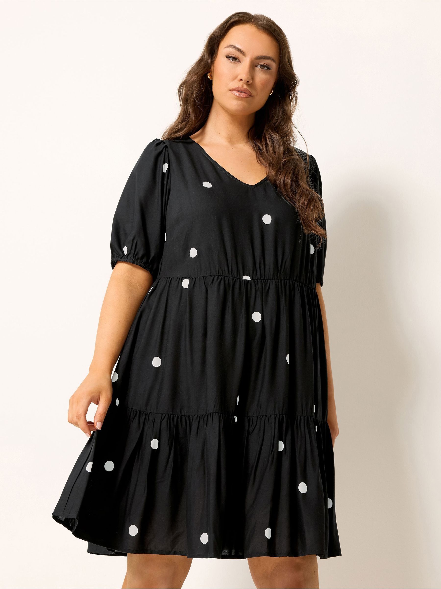 Yours Curve Women's Black Polka Dot Tiered Smock Dress